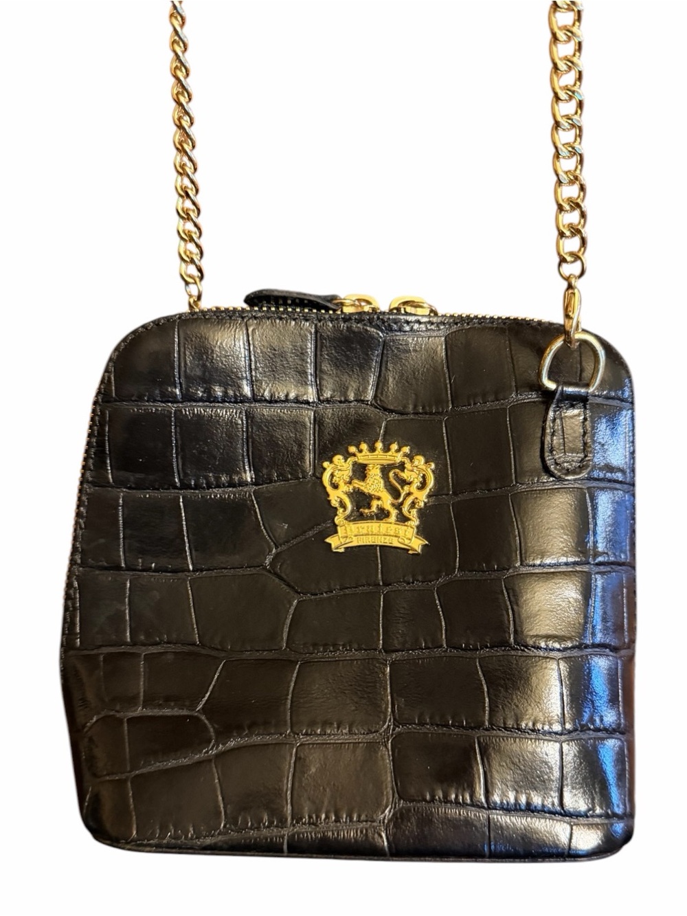 Pratesi Volterra King Crossbody Croco Embossed Black Leather Gold Chain - Picture 2 of 13